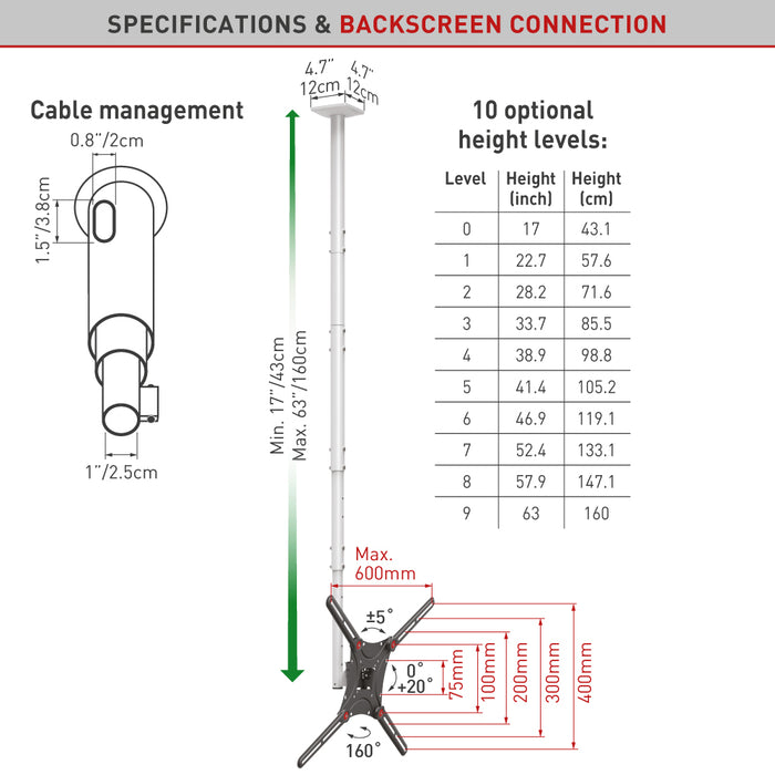 Barkan Mounts Laange teleskopesche Plafongsbriet bis 75 inch|VESA 400x400|Universell|Faarf wäiss