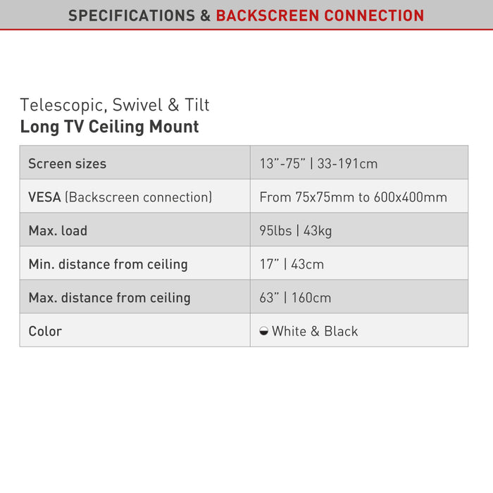 Barkan Mounts Laange teleskopesche Plafongsbriet bis 75 inch|VESA 400x400|Universell|Faarf wäiss