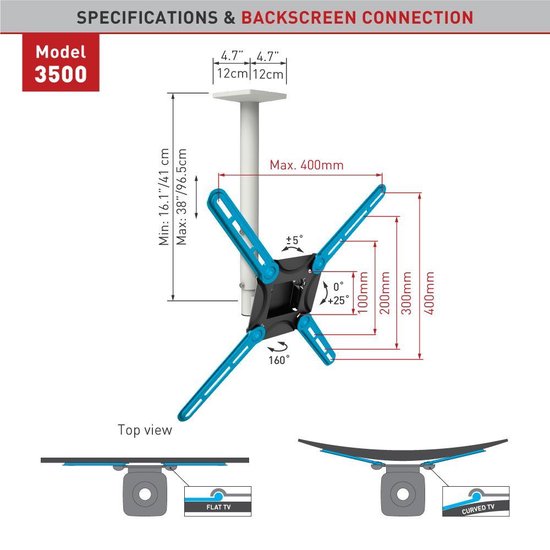 Barkan Mounts Wäiss Plafongsbriet 27 - 65 inch|Héicht verstellbar|Dree- a kippbar|VESA 400x400|Universell
