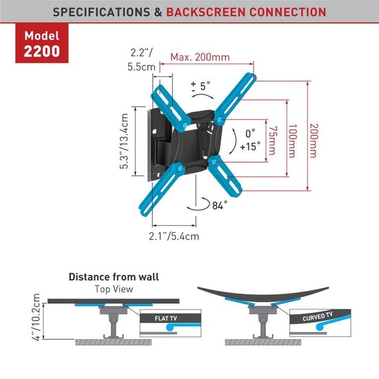 Barkan Mounts Kompakt TV-Mauerbriet dreebar|Schiermer 13-43 inch|VESA 200x200