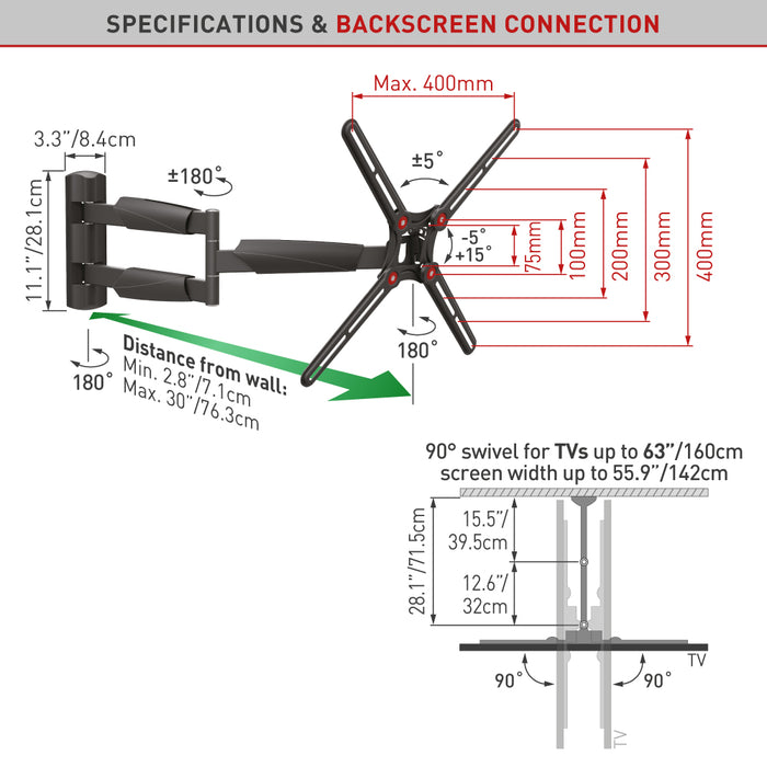 Barkan Mounts Extra laangen TV-Mauerhaler 13 - 65 inch|Max. 36 kg|VESA 400x400