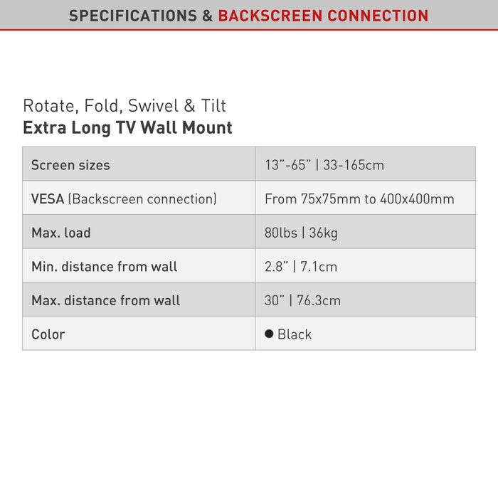 Barkan Mounts Extra laangen TV-Mauerhaler 13 - 65 inch|Max. 36 kg|VESA 400x400