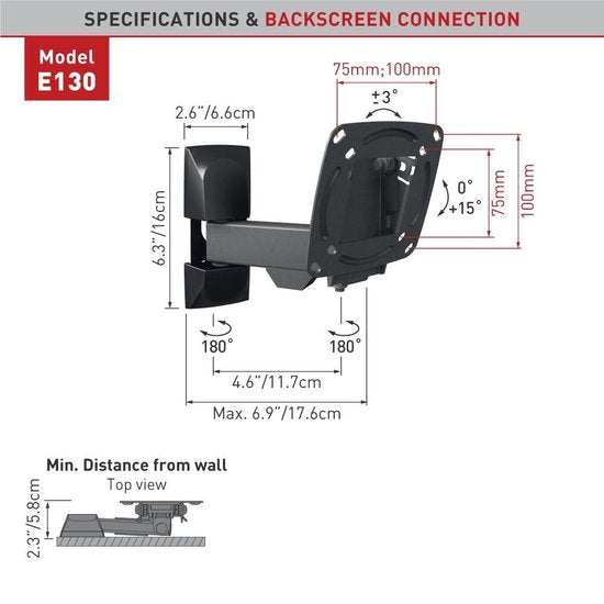 Barkan Mounts Kompakt TV-Briet fir kleng Schiermer|13-29 inch|Full Motion|Gaming|Distanz 5.8 cm - 17.6 cm