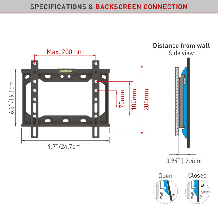 Barkan Mounts kompakte feste Mauerhaler fir Schiermer bis 43 inch|VESA 200x200