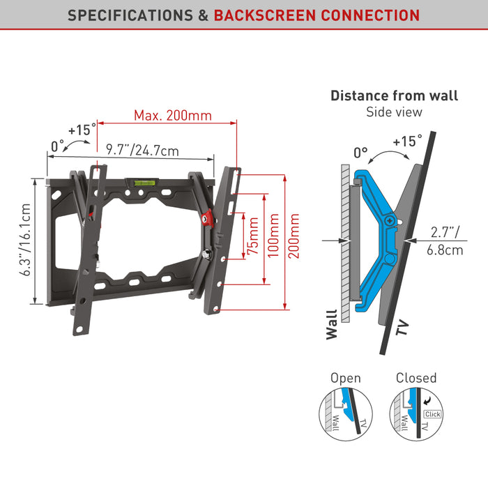Barkan Mounts kompakte kippbare Mauerhaler fir Schiermer bis 43 inch|VESA 200x200