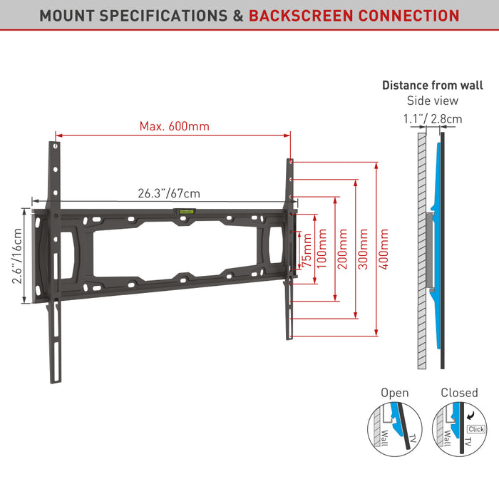 Bëlleg Mauermontage fir eng flaach Montéierung a fir all Schirmer bis 90"