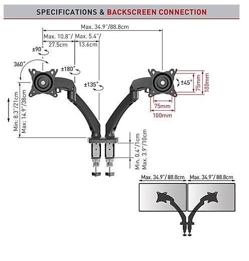 Barkan Mounts Duebel Monitor-Aarm mat Bürofixatioun |bis 29 inch |2 Ekranen |Gasfeder