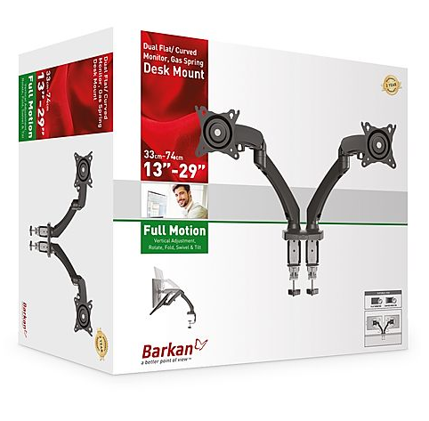 Barkan Mounts Duebel Monitor-Aarm mat Bürofixatioun |bis 29 inch |2 Ekranen |Gasfeder