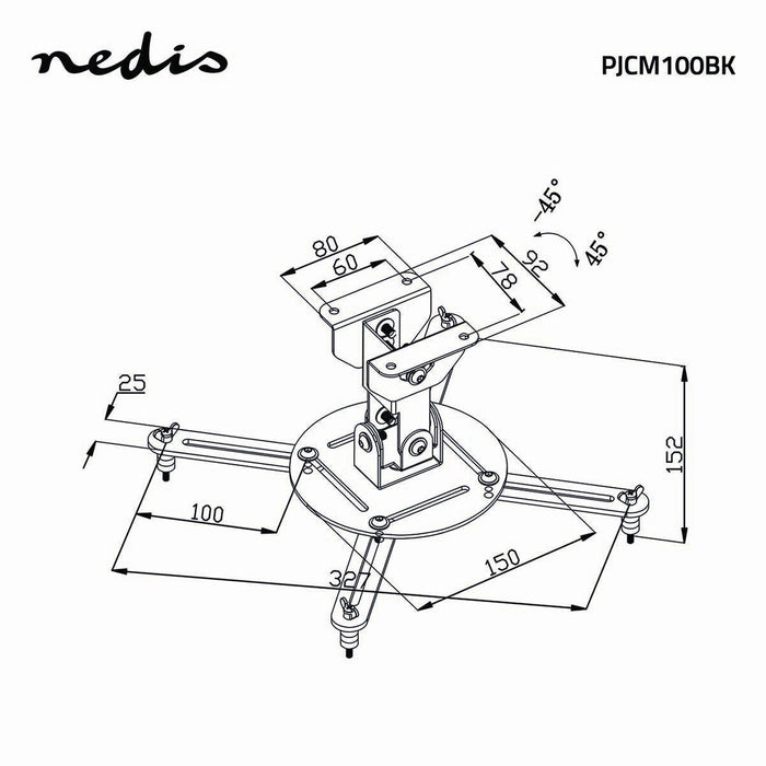 Plafongsbriet fir Projektor | 360° dréibar | Max. 10 kg | Ofstand bis bei de Plafong vun 130 mm | Schwaarz