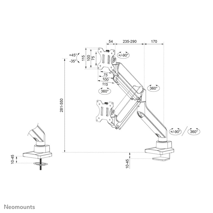 Neomounts DS70-450BL1 Full-Motion Monitor-Büroarm fir 17-42 inch Ekranen - Schwaarz