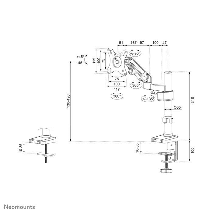 Neomounts DS70-750BL1 Full-Motion Monitor-Büroarm fir 17-27 inch Ekranen - Schwaarz