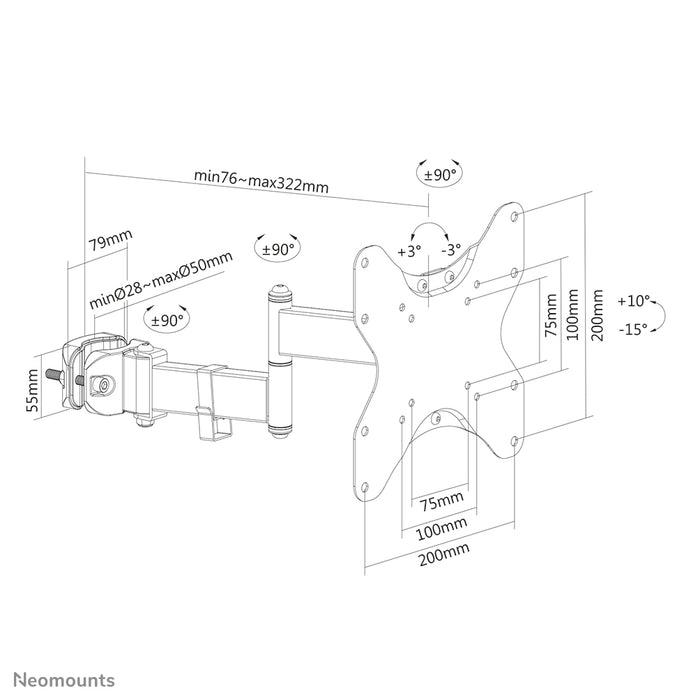 Neomounts FL40-450BL12 Full-Motion TV-Paelstut (Ø28-50 mm) fir 23-42 inch Ekranen - Schwaarz
