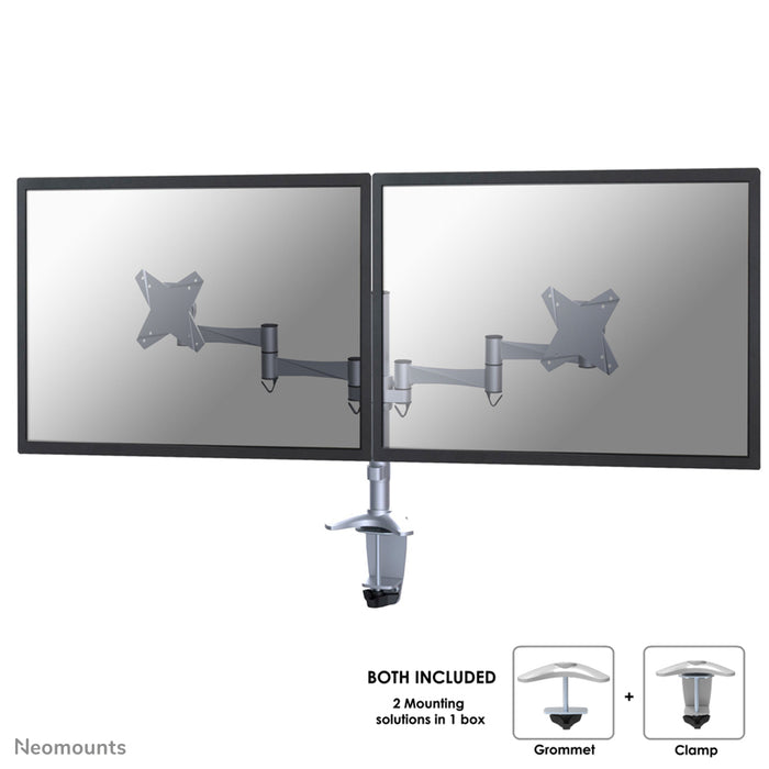 Neomounts FPMA-D1330D sëlwer ass eng Schreifdësch-Halterung fir 2 Flachbildschiermer bis 27 inch (69 cm).