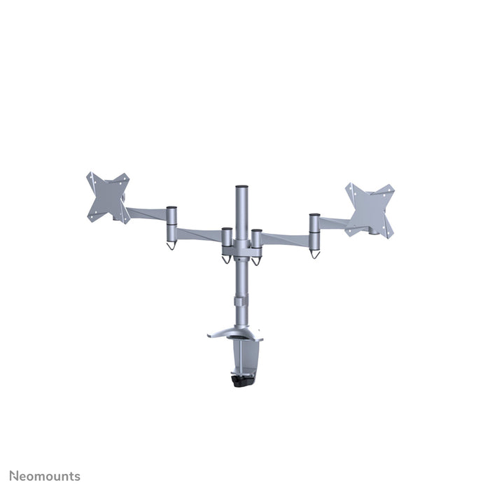 Neomounts FPMA-D1330D sëlwer ass eng Schreifdësch-Halterung fir 2 Flachbildschiermer bis 27 inch (69 cm).
