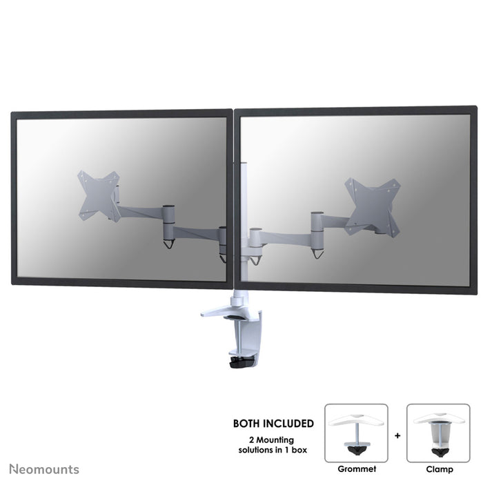 Neomounts FPMA-D1330D wäiss ass eng Schreifdësch-Halterung fir 2 Flachbildschiermer bis 27 inch (69 cm).