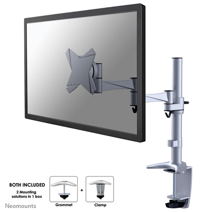 Neomounts FPMA-D1330 sëlwer ass eng Schreifdësch-Halterung mat 3 Dreefpunkten fir Flachbildschiermer bis 30 inch (76 cm).