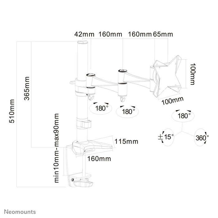 Neomounts FPMA-D1330 sëlwer ass eng Schreifdësch-Halterung mat 3 Dreefpunkten fir Flachbildschiermer bis 30 inch (76 cm).