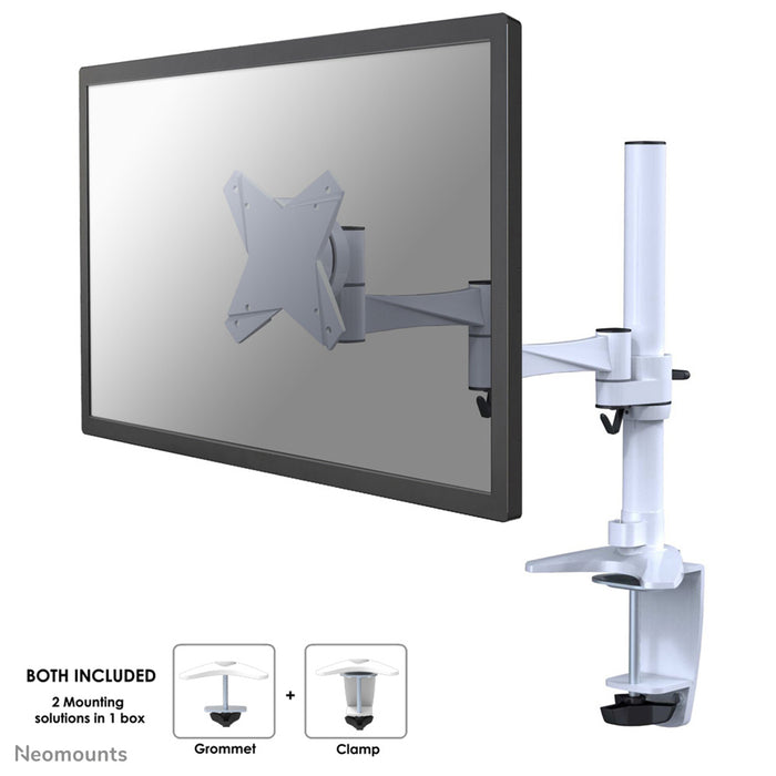 Neomounts FPMA-D1330 wäiss ass eng Schreifdësch-Halterung mat 3 Dreefpunkten fir Flachbildschiermer bis 30 inch (76 cm).