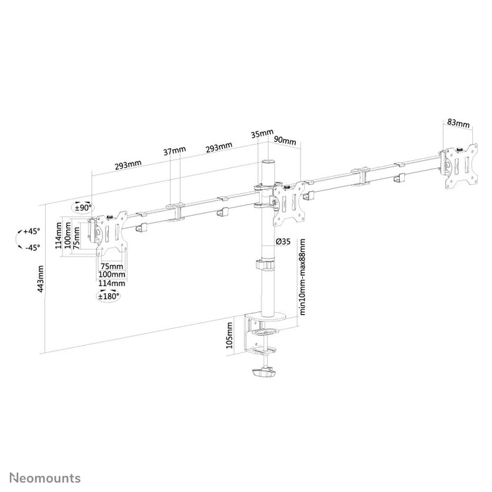 Neomounts FPMA-D550D3 schwaarz ass eng Schreifdësch-Halterung fir 3 Flachbildschiermer bis 27 inch (69 cm).