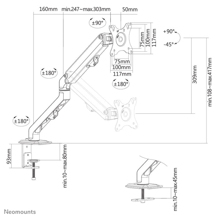 Neomounts FPMA-D650 schwaarz ass eng Full-Motion-Schreifdësch-Halterung fir Schiermer bis 27 (69 cm).