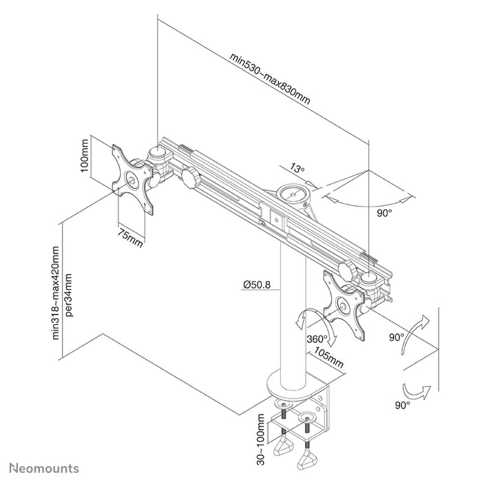 Neomounts FPMA-D700D ass eng Schreifdësch-Halterung fir 2 Flachbildschiermer bis 30 inch (76 cm).