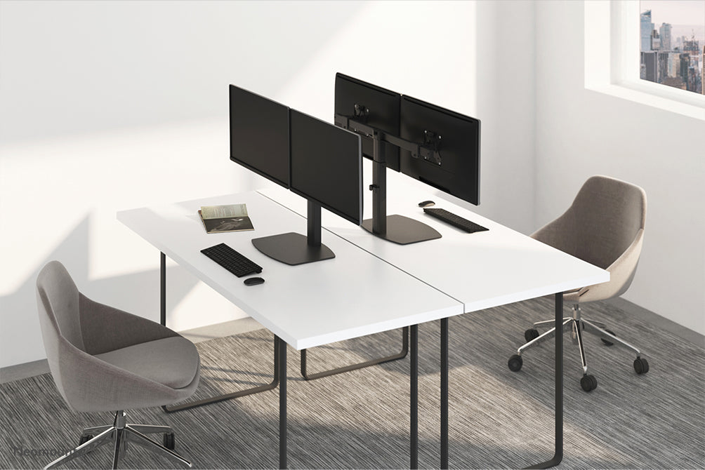 Neomounts FPMA-D865D Schwaarz ass eng Bureaustäip fir zwee Flat Screens bis t/m 27 inch (69 cm).