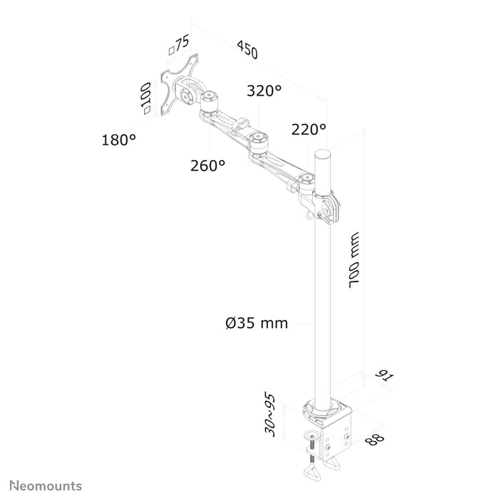 Neomounts FPMA-D935POLE70 ass eng Bureaustäip mat 3 Dréipunkten fir Flat Screens bis t/m 30 inch (76 cm).