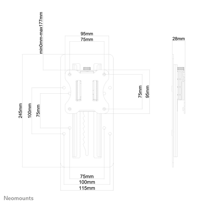 Neomounts FPMA-LIFT100 ass en Adapter, deen eng gestufte Héichtverstellung op VESA 75/100-Halterunge erméiglecht.