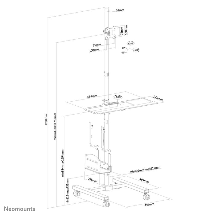 Neomounts FPMA-MOBILE1700 ass eng verréckelbar Aarbechtsplaz fir e Monitor (max. 32 inch/81 cm), PC, Tastatur an Maus.