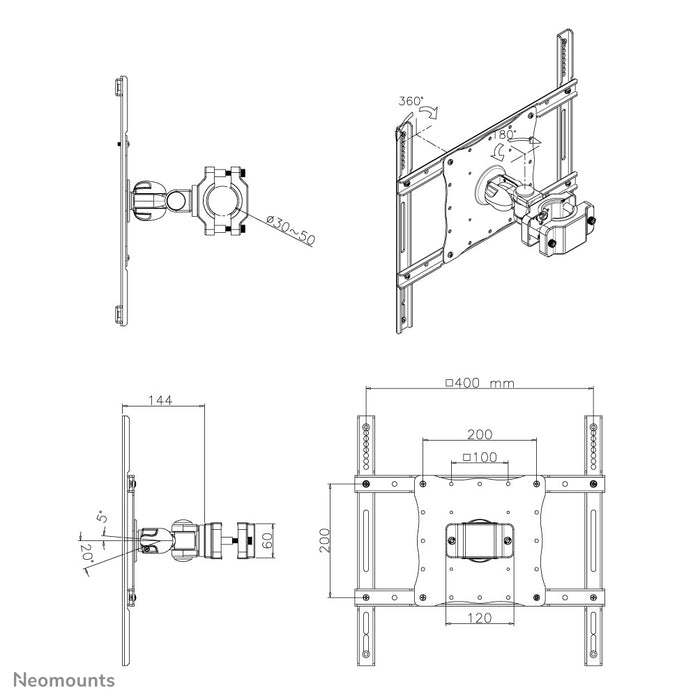 Neomounts FPMA-WP440black ass eng kipp- an dréibar Mast-Halterung fir LCD/LED/TFT-Ecran bis 52 inch (132 cm).