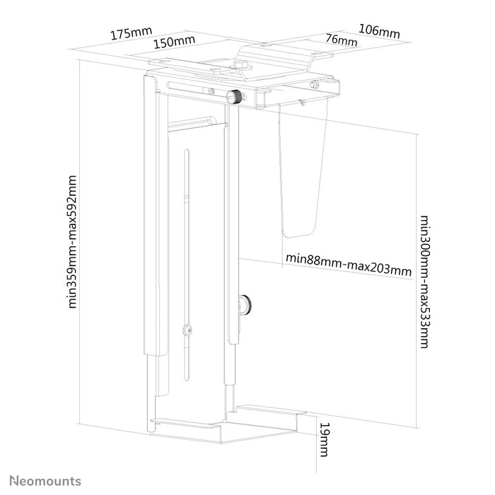 Neomounts NM-CPU100 schwaarz ass eng Halterung, mat där Dir e PC oder Thin Client un de Schreifdësch fixéiert.