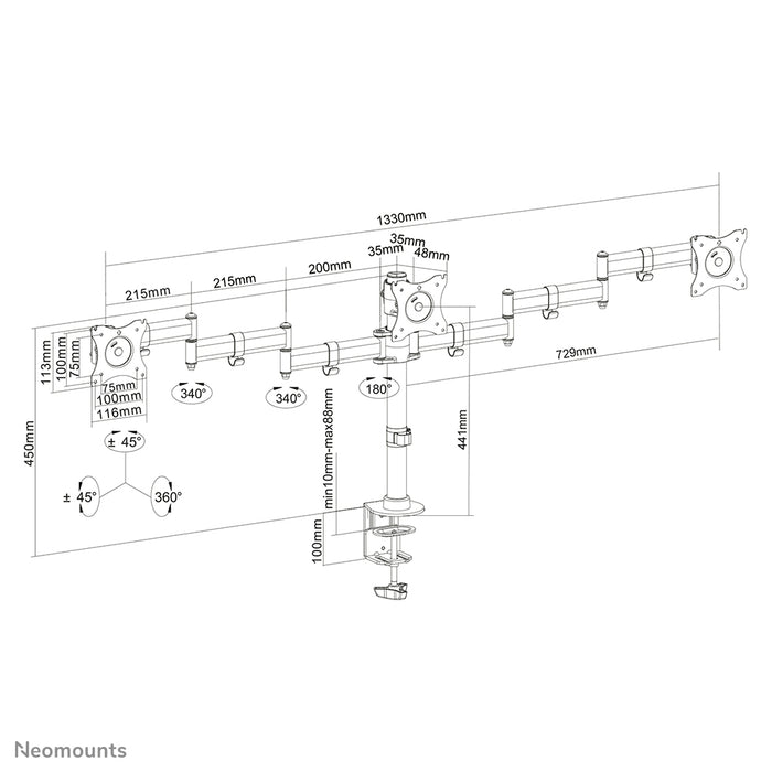 Neomounts NM-D135D3 schwaarz ass eng Schreifdësch-Halterung fir 3 Flatscreens bis 27 inch (69 cm).