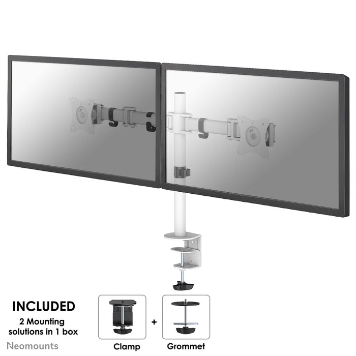 Neomounts NM-D135D wäiss ass eng Schreifdësch-Halterung fir 2 Flatscreens bis 27 inch (69 cm).
