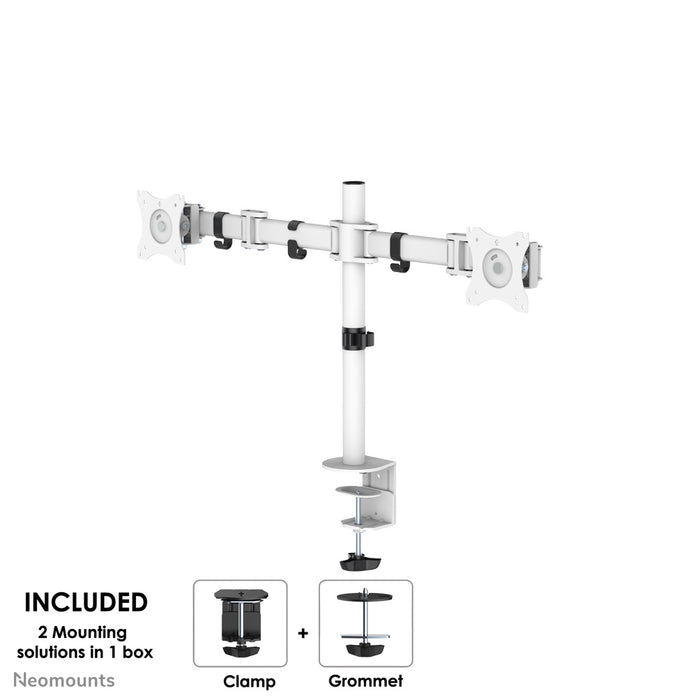 Neomounts NM-D135D wäiss ass eng Schreifdësch-Halterung fir 2 Flatscreens bis 27 inch (69 cm).