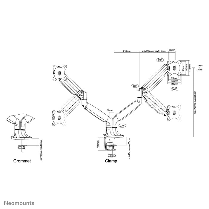 Neomounts NM-D750D schwaarz ass eng Schreifdësch-Halterung mat Gasfieder fir Flatscreens bis 32 inch (82 cm).