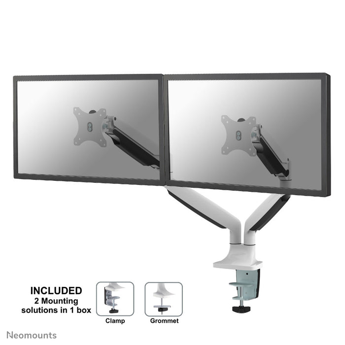 Neomounts NM-D750D wäiss ass eng gasgefiedert Schreifdësch-Halterung fir zwee Flatscreens bis 32 inch (82 cm).
