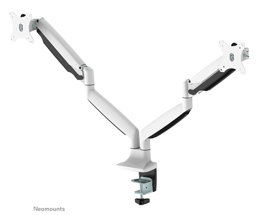Neomounts NM-D750D wäiss ass eng gasgefiedert Schreifdësch-Halterung fir zwee Flatscreens bis 32 inch (82 cm).
