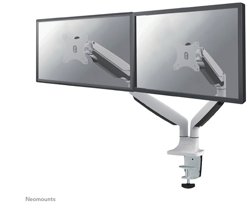 Neomounts NM-D750D wäiss ass eng gasgefiedert Schreifdësch-Halterung fir zwee Flatscreens bis 32 inch (82 cm).