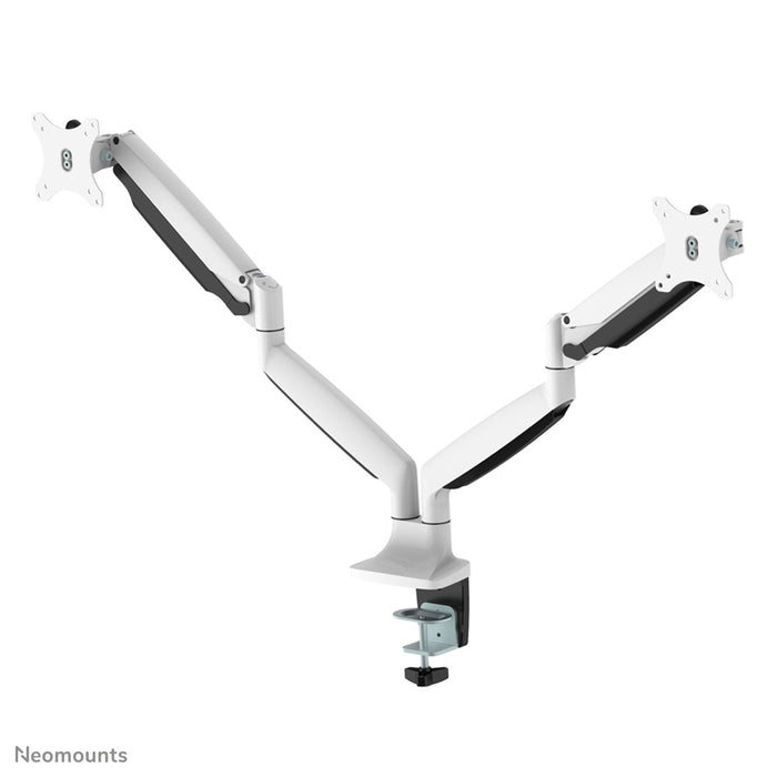Neomounts NM-D750D wäiss ass eng gasgefiedert Schreifdësch-Halterung fir zwee Flatscreens bis 32 inch (82 cm).