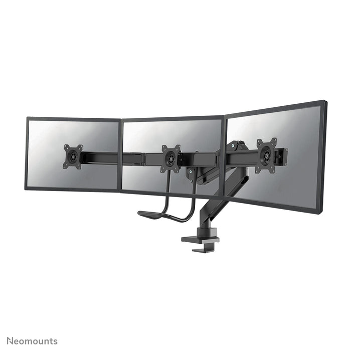 Neomounts NM-D775DX3 schwaarz ass eng gasgefiedert Schreifdësch-Halterung mat Crossbar an Handtak fir Flatscreens bis 27 inch (68,6 cm).