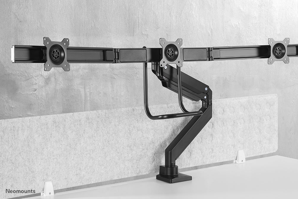Neomounts NM-D775DX3 schwaarz ass eng gasgefiedert Schreifdësch-Halterung mat Crossbar an Handtak fir Flatscreens bis 27 inch (68,6 cm).