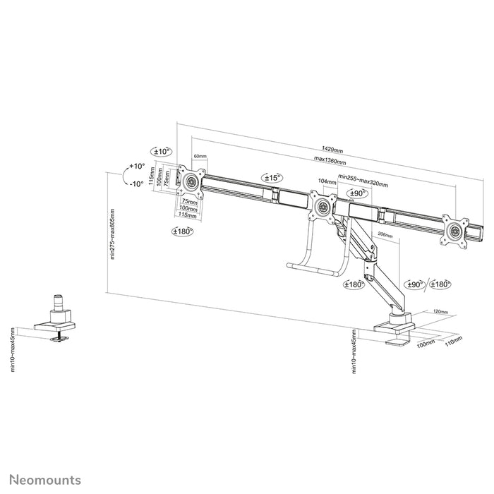 Neomounts NM-D775DX3 schwaarz ass eng gasgefiedert Schreifdësch-Halterung mat Crossbar an Handtak fir Flatscreens bis 27 inch (68,6 cm).
