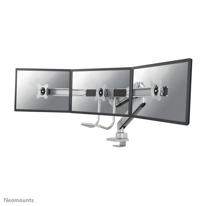 Neomounts NM-D775DX3 sëlwer ass eng gasgefiedert Schreifdësch-Halterung mat Crossbar an Handtak fir Flatscreens bis 27 inch (68,6 cm).