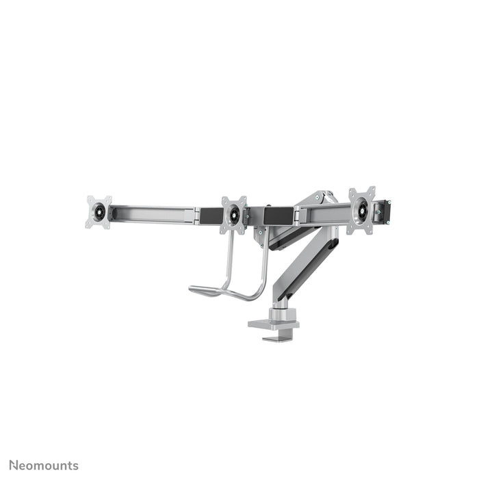 Neomounts NM-D775DX3 sëlwer ass eng gasgefiedert Schreifdësch-Halterung mat Crossbar an Handtak fir Flatscreens bis 27 inch (68,6 cm).