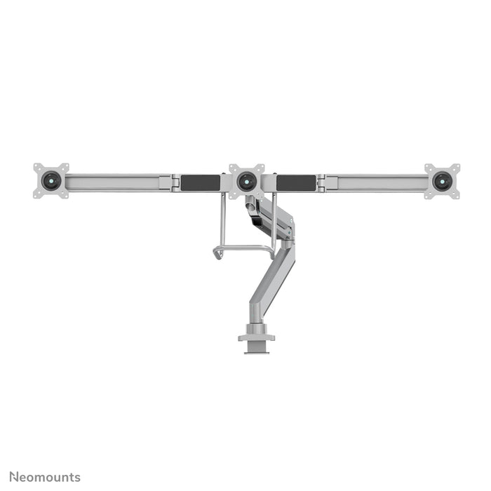 Neomounts NM-D775DX3 sëlwer ass eng gasgefiedert Schreifdësch-Halterung mat Crossbar an Handtak fir Flatscreens bis 27 inch (68,6 cm).