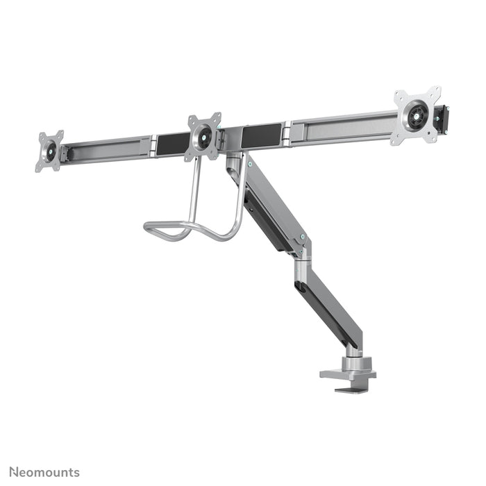 Neomounts NM-D775DX3 sëlwer ass eng gasgefiedert Schreifdësch-Halterung mat Crossbar an Handtak fir Flatscreens bis 27 inch (68,6 cm).