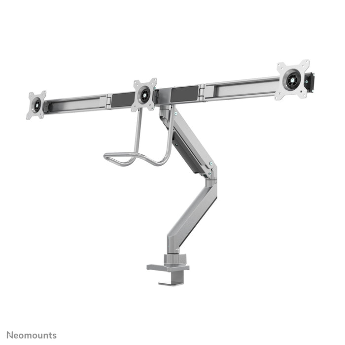 Neomounts NM-D775DX3 sëlwer ass eng gasgefiedert Schreifdësch-Halterung mat Crossbar an Handtak fir Flatscreens bis 27 inch (68,6 cm).