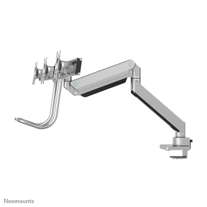 Neomounts NM-D775DX3 sëlwer ass eng gasgefiedert Schreifdësch-Halterung mat Crossbar an Handtak fir Flatscreens bis 27 inch (68,6 cm).
