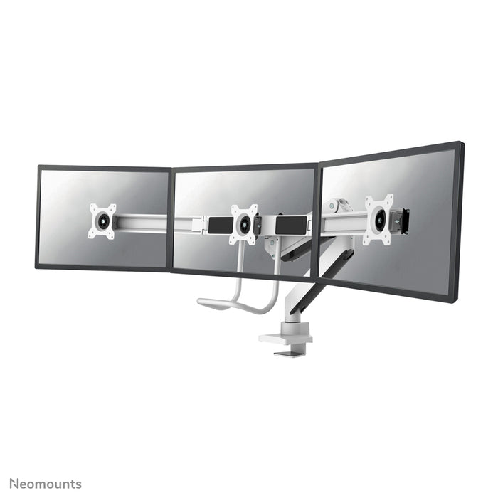 Neomounts NM-D775DX3 wäiss ass eng gasgefiedert Schreifdësch-Halterung mat Crossbar an Handtak fir Flatscreens bis 27 inch (68,6 cm).