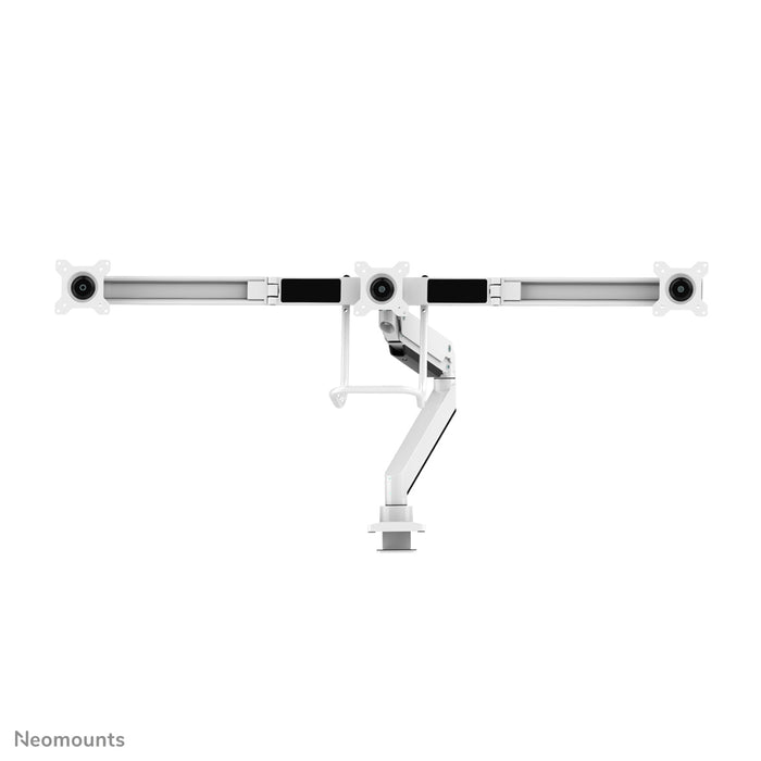 Neomounts NM-D775DX3 wäiss ass eng gasgefiedert Schreifdësch-Halterung mat Crossbar an Handtak fir Flatscreens bis 27 inch (68,6 cm).